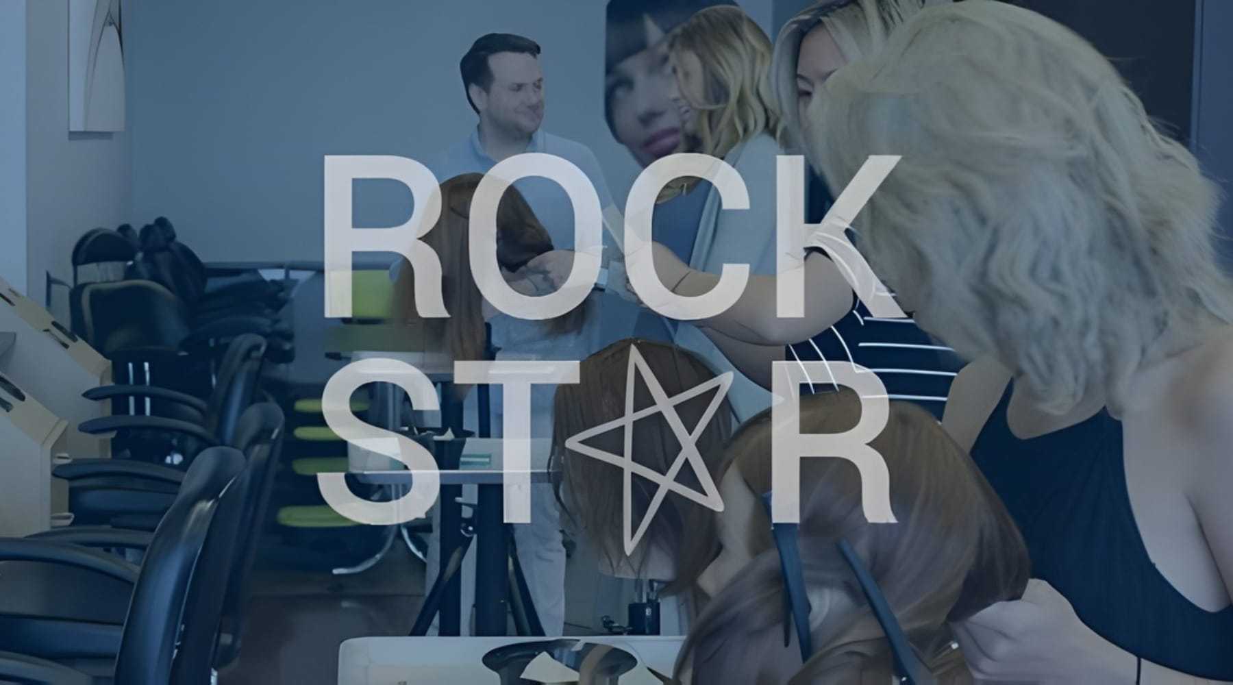 Hair salon with stylists working on wigs, "Rock Star" text overlay.